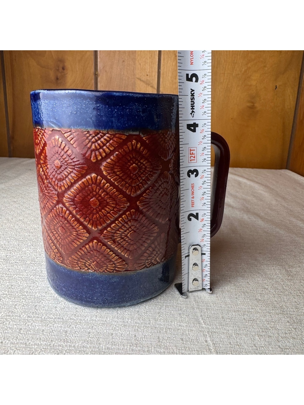Studio Pottery Mug Red Blue Glaze Textured Geometric Design 4.75 Inch - Picture 8 of 9